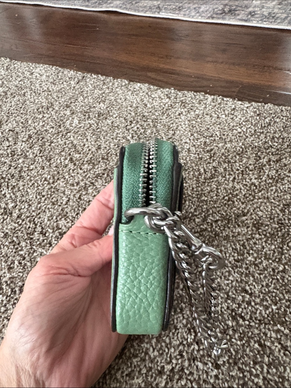 Coach Green Pebbled Leather Card Wallet with Chain - Picture 6 of 7